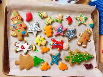 High angle view of cookies on table