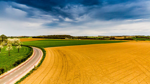 Scenic view of agricultural field against sky