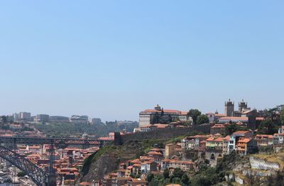Buildings in city against clear blue sky