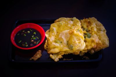 High angle view of breakfast served on table
