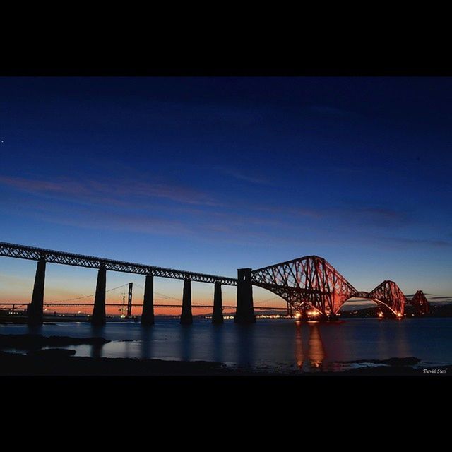 bridge - man made structure, connection, built structure, architecture, water, transportation, sky, engineering, bridge, sea, silhouette, suspension bridge, dusk, travel, blue, river, travel destinations, sunset, auto post production filter, transfer print