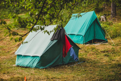 Tent in field against trees