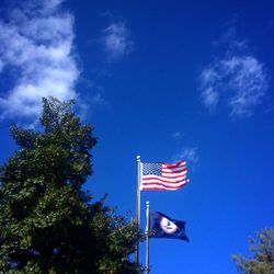 Low angle view of flag against blue sky