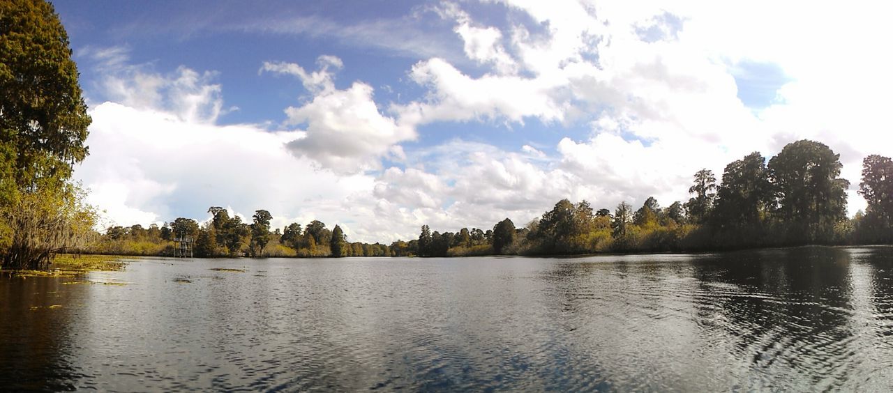 PANORAMIC SHOT OF CALM LAKE AGAINST CLOUDY SKY