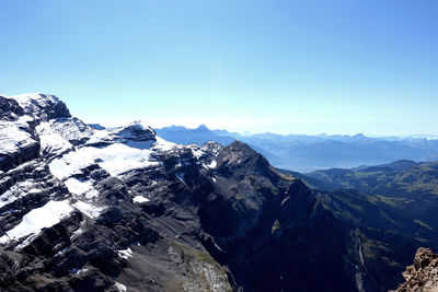 Scenic view of snowcapped mountains against clear blue sky in the swiss alps glacier 3000