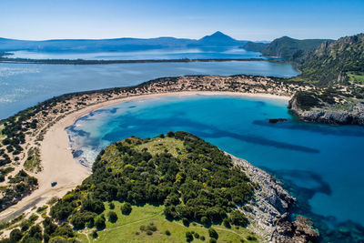 High angle view of bay against sky