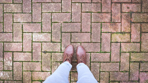 Low section of man standing on cobblestone