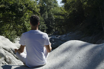 Rear view of man sitting against trees