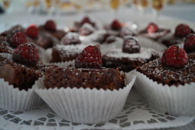 High angle view of cupcakes on cake