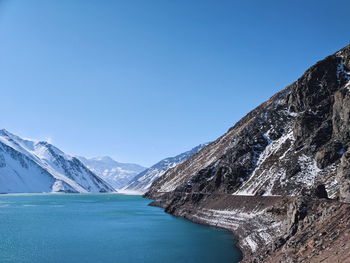 Scenic view of sea by snowcapped mountains against clear blue sky