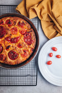 High angle view of pizza on table