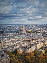 Aerial view of paris cityscape, france. les invalides building with golden dome. autumn parisian 