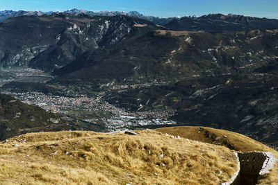 World war trench in italian mountains and trento aerial view, trentino