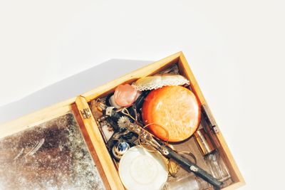 High angle view of food on plate against white background