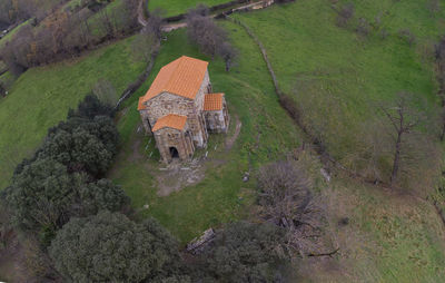 Aerial view of st christine of lena church at spring in asturias, spain 