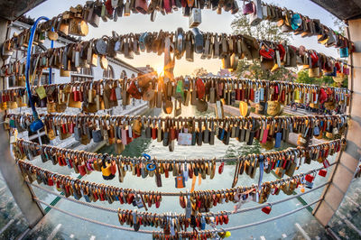 High angle view of decorations hanging in row