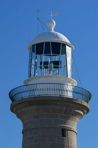 Low angle view of lighthouse against clear blue sky