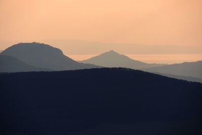 Scenic view of silhouette mountain against sky during sunset