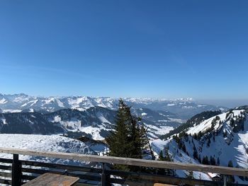 Scenic view of snowcapped mountains against clear blue sky