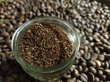 High angle view of coffee beans in glass