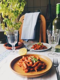 Close-up of food served on table