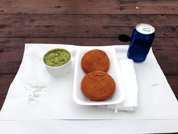 High angle view of breakfast served on table