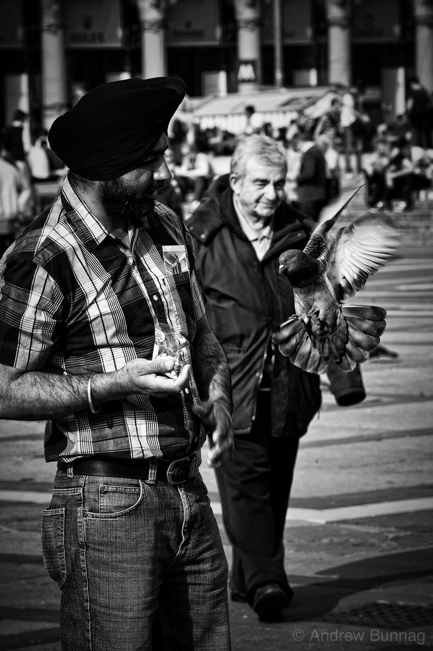 focus on foreground, men, street, full length, incidental people, rear view, lifestyles, bird, outdoors, animal themes, person, animals in the wild, day, art and craft, sculpture, leisure activity, wildlife, close-up