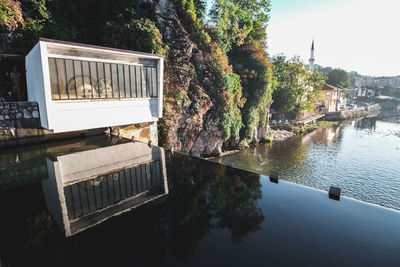 Reflection of trees and buildings on lake