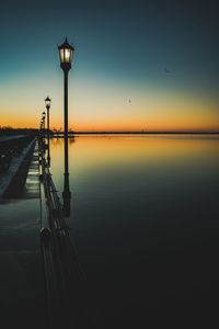 Scenic view of lake against clear sky during sunset