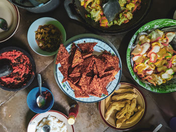 High angle view of food on table