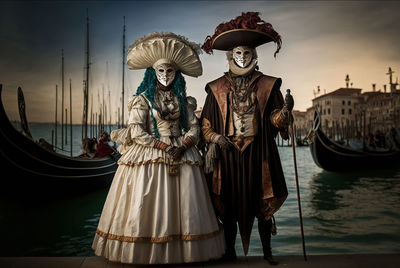 Full length body portrait of a couple with venetian masks with gondolas at the background. 