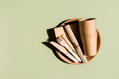 High angle view of beauty products against pink background