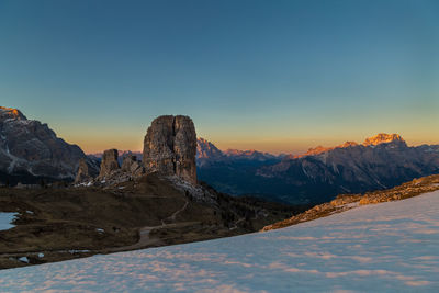 Scenic view of mountains against clear sky during winter