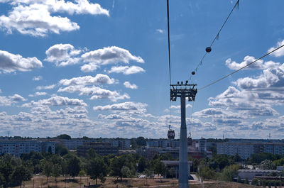 Low angle view of trees and buildings against sky