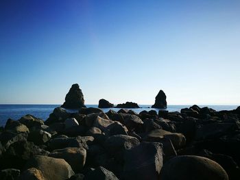 Scenic view of sea against clear blue sky