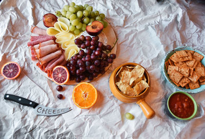 High angle view of fresh food on crumpled paper