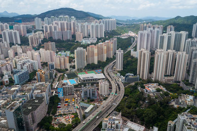 High angle view of modern buildings in city