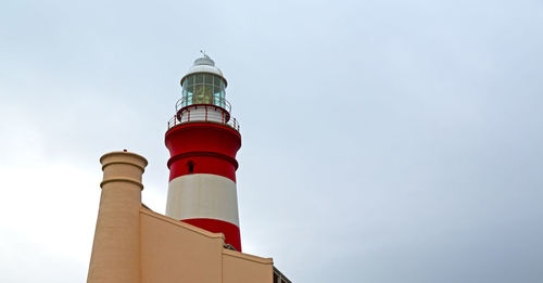 Low angle view of lighthouse by building against sky