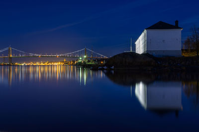 Illuminated bridge over a still river with a city lit up in the background