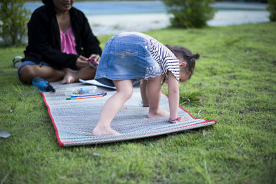 Low section of woman using laptop at park