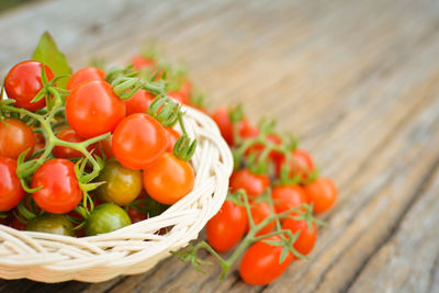 Close-up of cherry tomatoes in basket on table