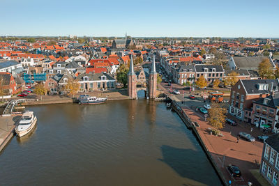 Aerial from the historical city sneek in friesland the netherlands