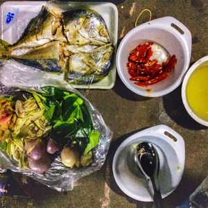 Directly above shot of food in plate on table