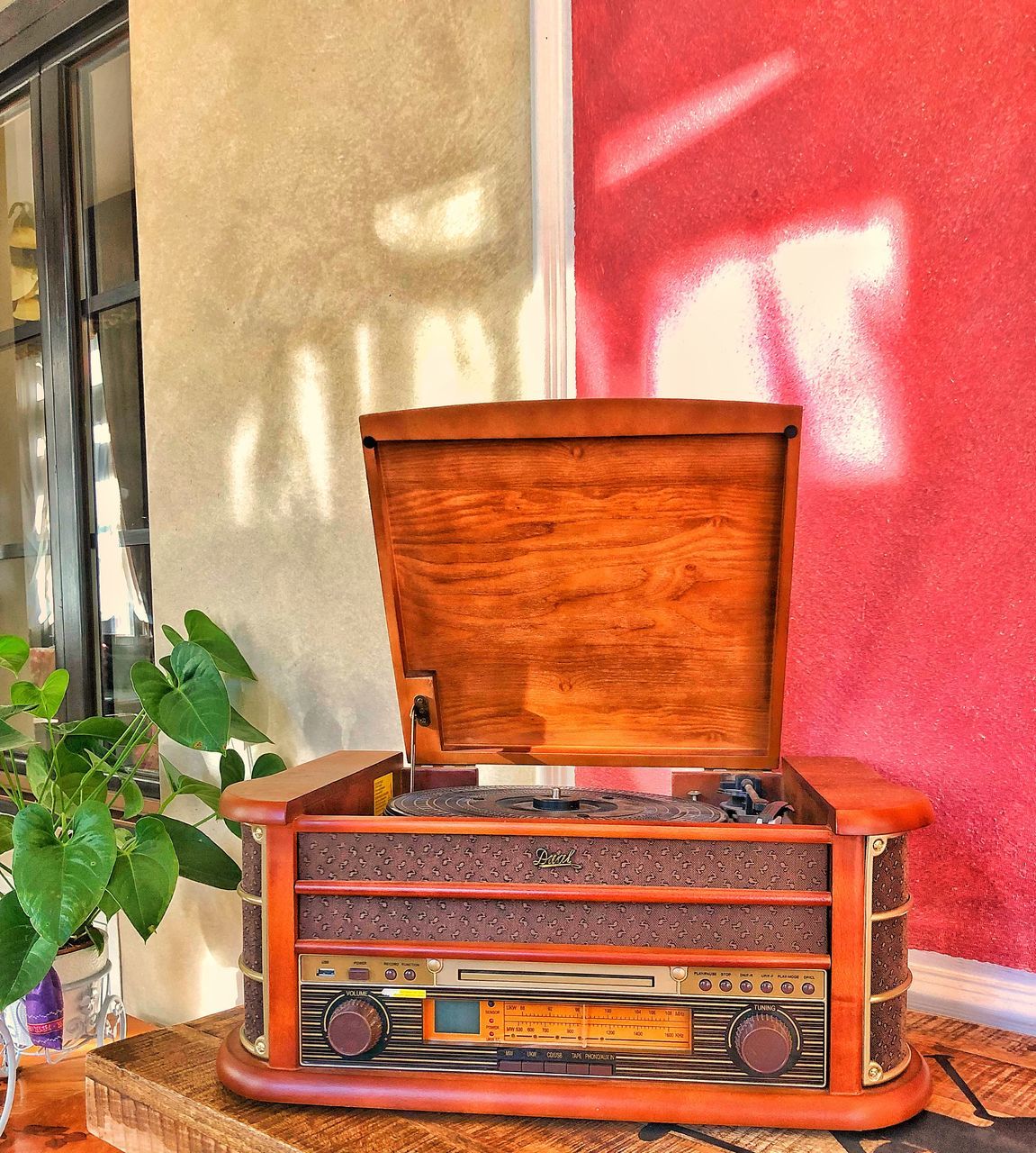 table, retro styled, no people, music, technology, wall - building feature, indoors, radio, plant, wood - material, leaf, architecture, old, potted plant, analog, day, plant part, nature, seat, antique