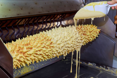 Cropped hand of person pouring cream on sakotis in oven