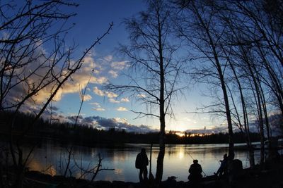 Silhouette of bare trees by lake