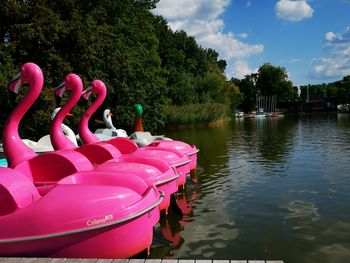 Pink boats in swimming pool by lake against sky