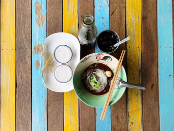 High angle view of breakfast on table