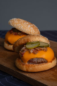 Close-up of burger on cutting board