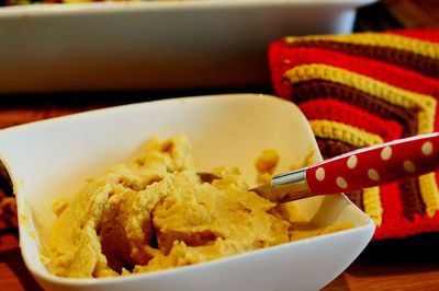 Close-up of breakfast served on table